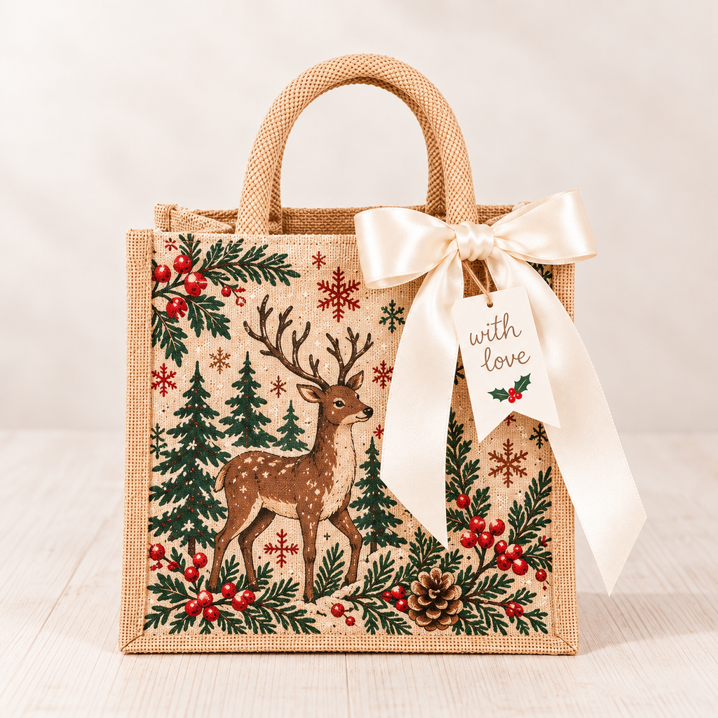 Vintage Christmas Burlap Gift Tote Bag with Satin Bow