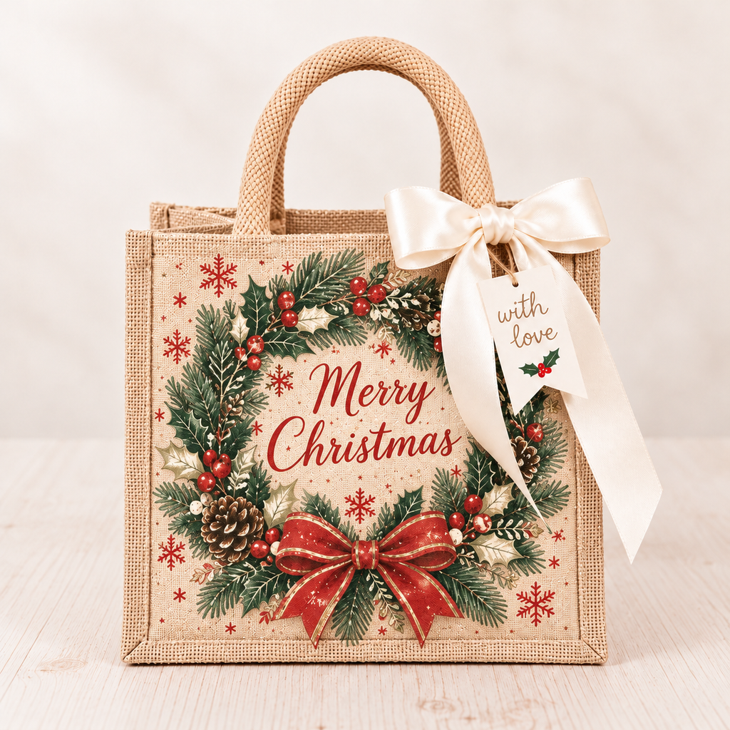 Vintage Christmas Burlap Gift Tote Bag with Satin Bow