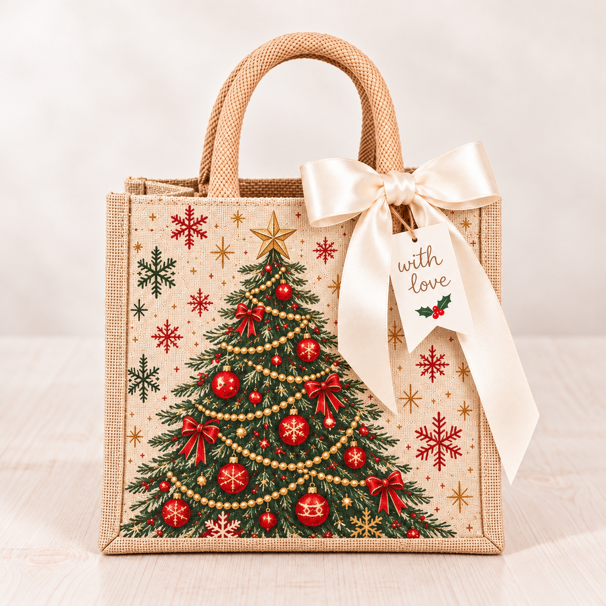 Vintage Christmas Burlap Gift Tote Bag with Satin Bow