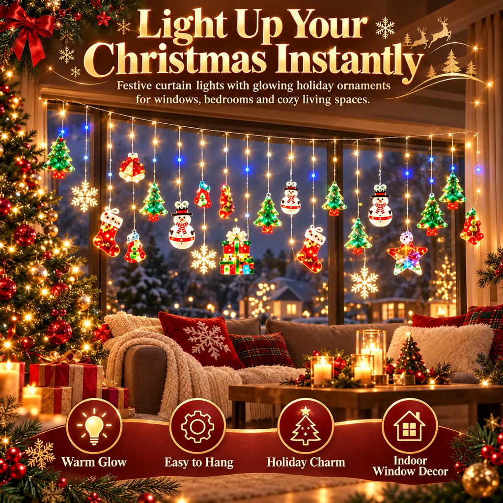 🎁Christmas Ornament Curtain Lights – Light-Up Holiday Window Decorations for Home