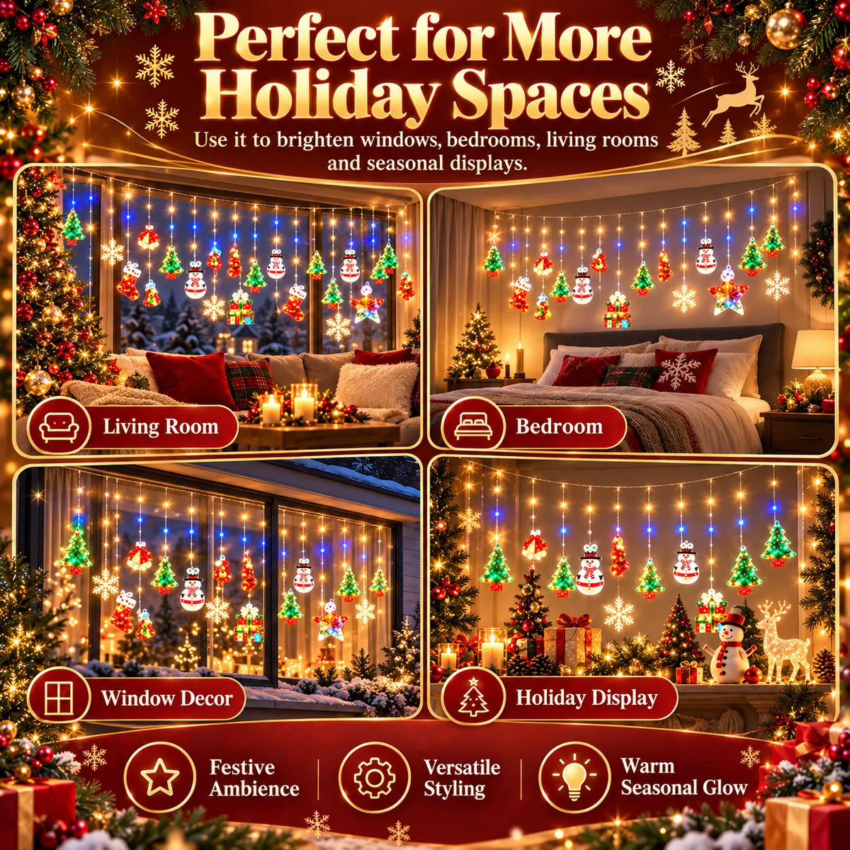 🎁Christmas Ornament Curtain Lights – Light-Up Holiday Window Decorations for Home