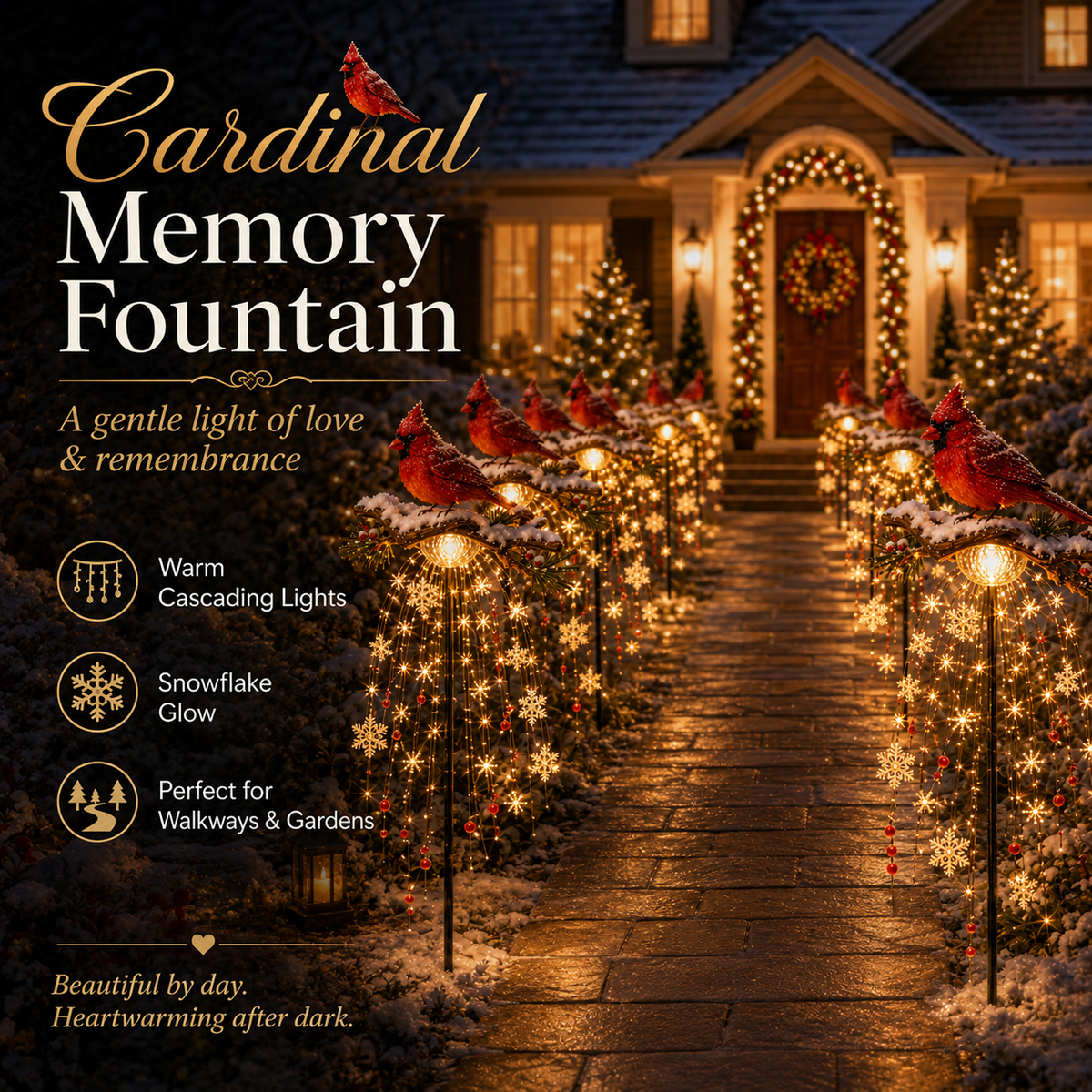 ❤️✨ Cardinal Memory Fountain Light – Illuminated Christmas Garden Memorial Decor