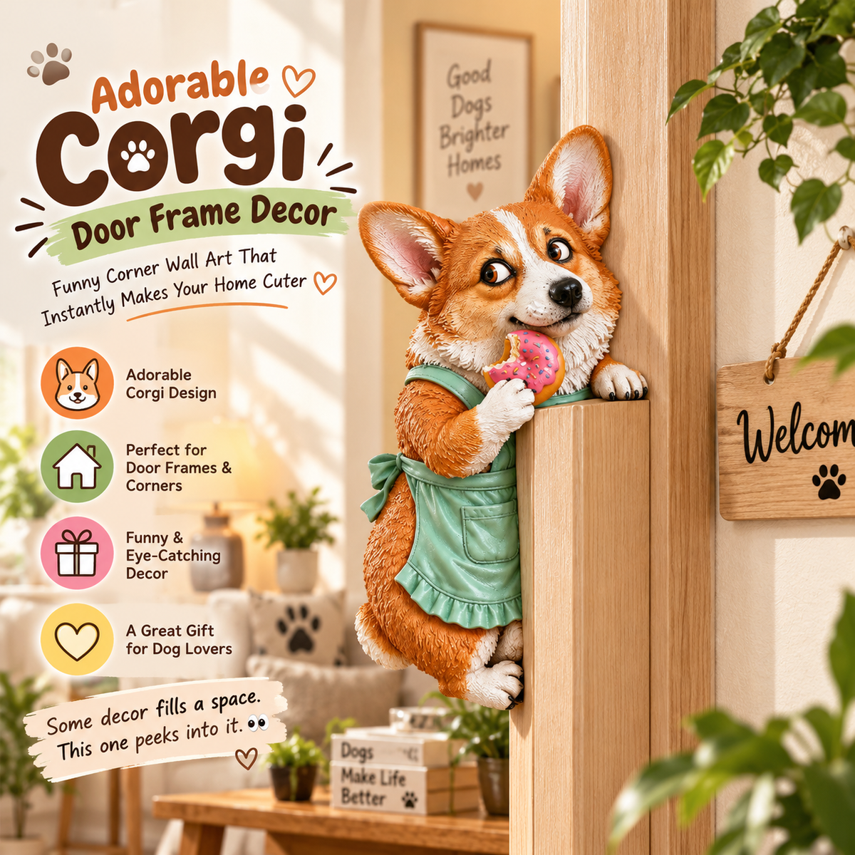 Adorable Corgi Door Frame Decor Funny Corner Wall Art