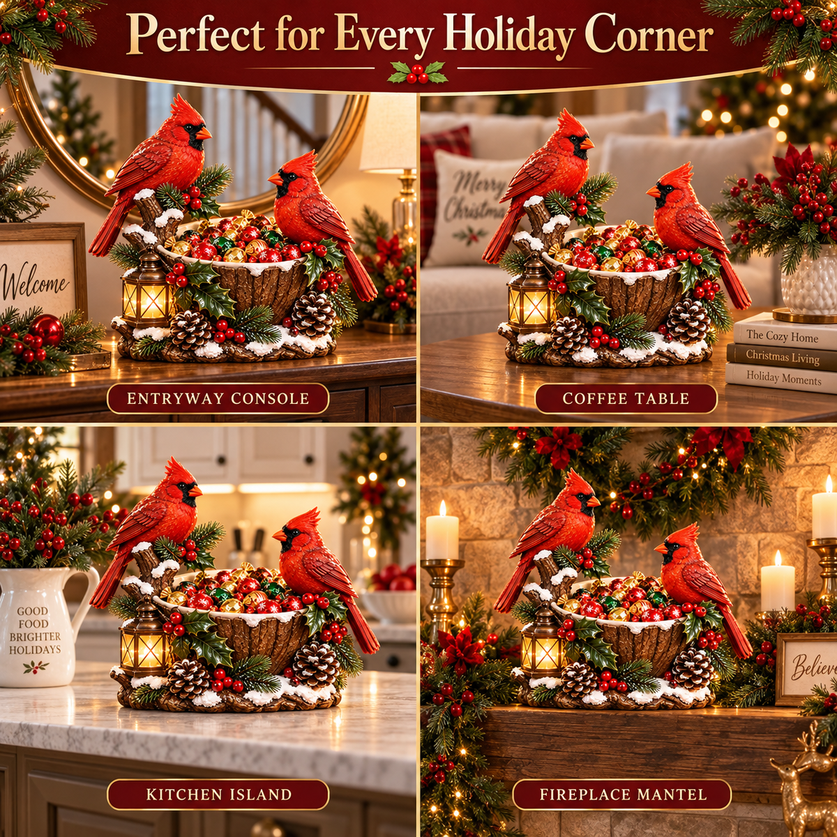 ❤️ Cardinal Christmas Treat Bowl – Lighted Holiday Candy Bowl & Tabletop Decor