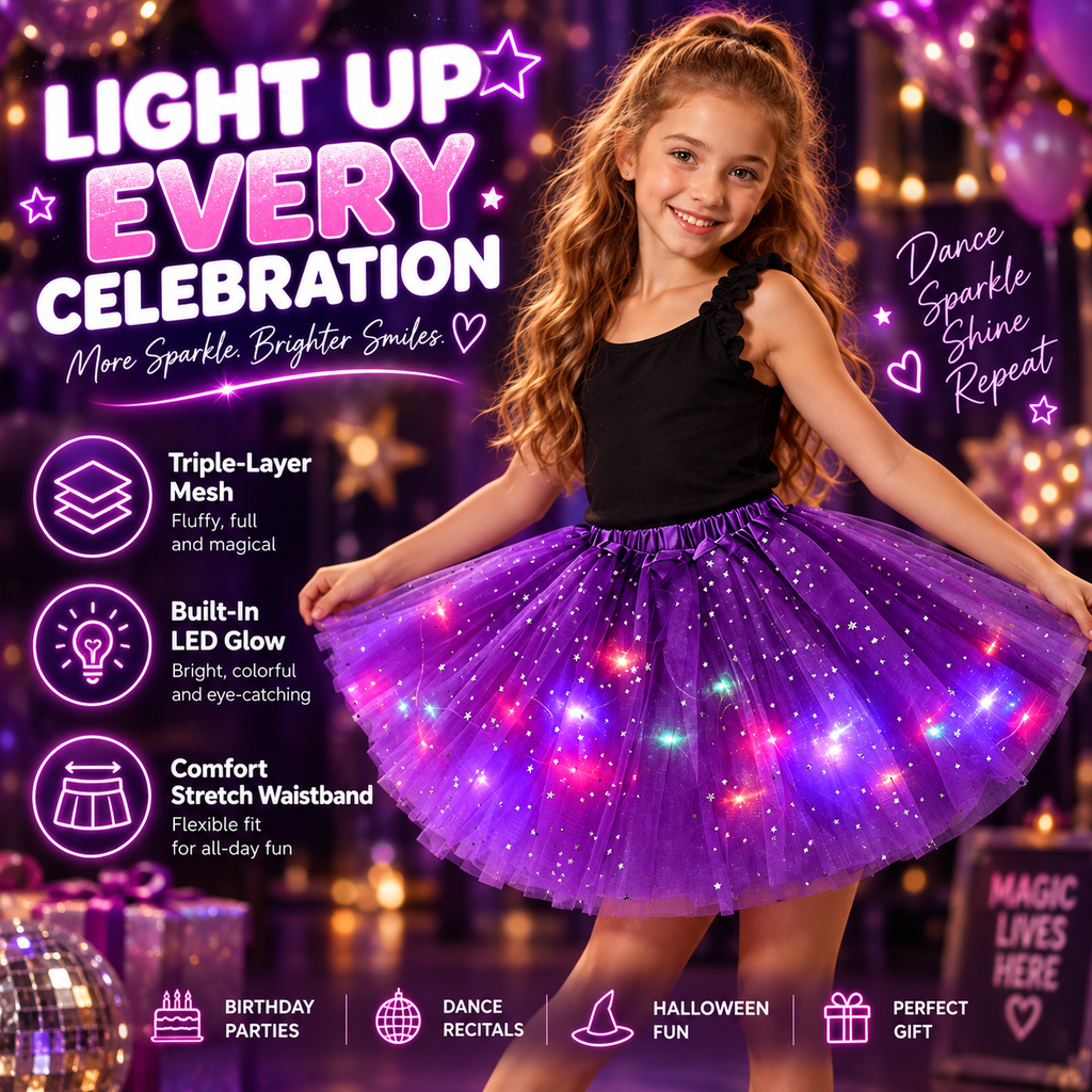 🌈💡LED Light-Up Star Tutu Skirt – Sparkling Layered Tulle Skirt for Kids & Adults, Parties, Dance & Holidays🎁