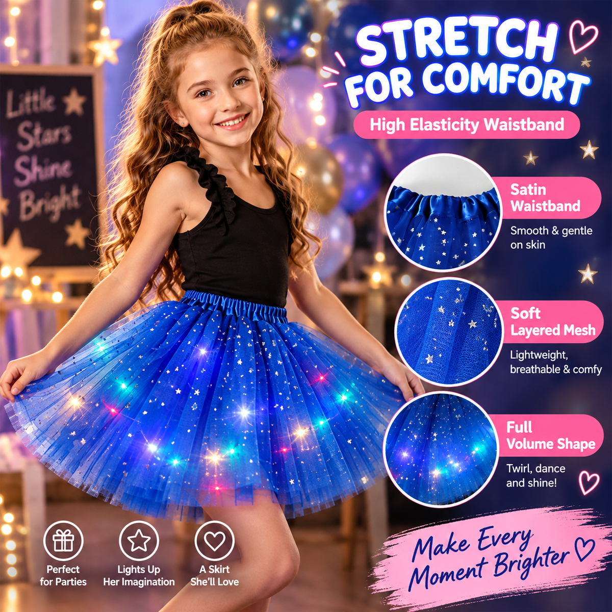 🌈💡LED Light-Up Star Tutu Skirt – Sparkling Layered Tulle Skirt for Kids & Adults, Parties, Dance & Holidays🎁