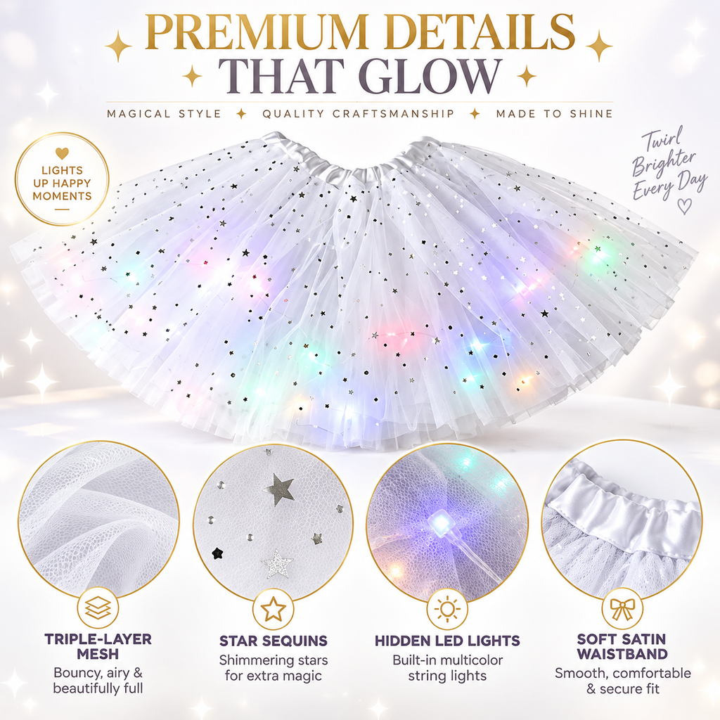 🌈💡LED Light-Up Star Tutu Skirt – Sparkling Layered Tulle Skirt for Kids & Adults, Parties, Dance & Holidays🎁