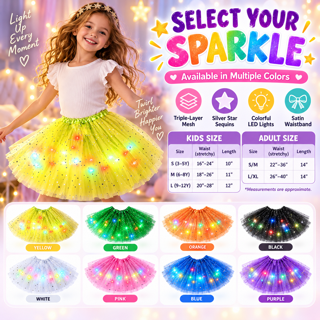 🌈💡LED Light-Up Star Tutu Skirt – Sparkling Layered Tulle Skirt for Kids & Adults, Parties, Dance & Holidays🎁