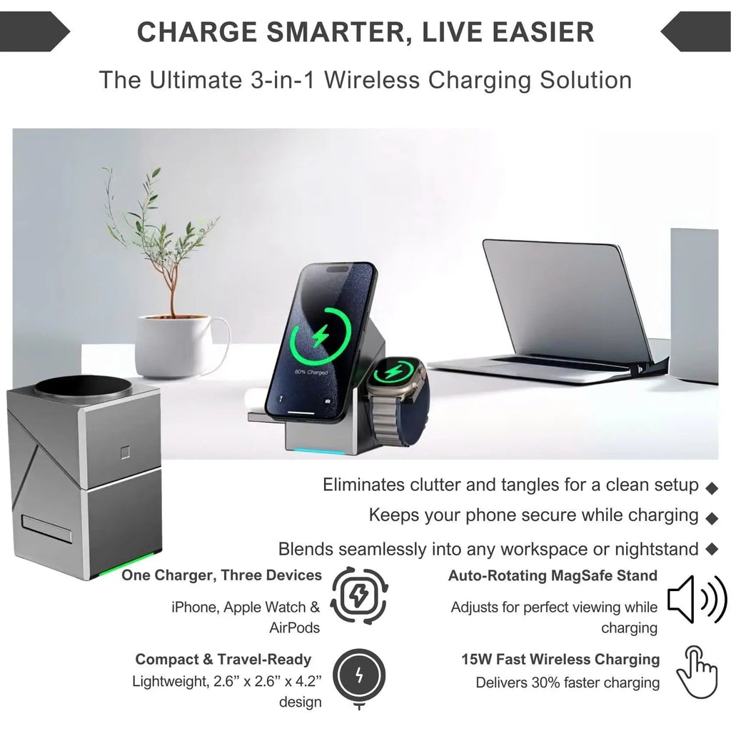 Sikunuo | CubeCharge 3-in-1 Charging Station – Wireless Fast Charging for iPhone, Watch & AirPods