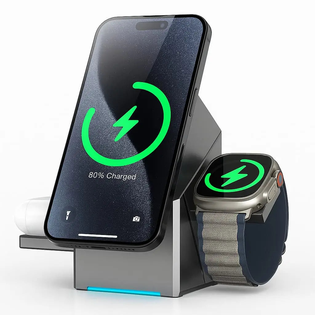 Sikunuo | CubeCharge 3-in-1 Charging Station – Wireless Fast Charging for iPhone, Watch & AirPods
