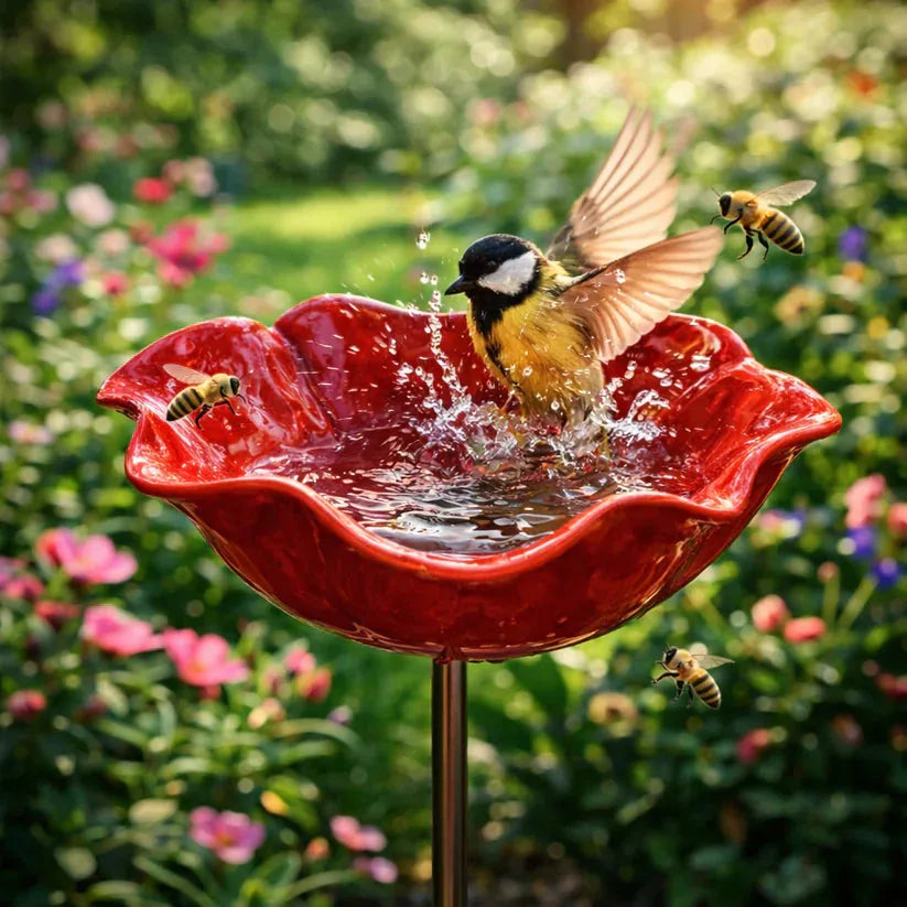 Garden Flower Bird Waterer Handmade Metal Flower Garden Stake