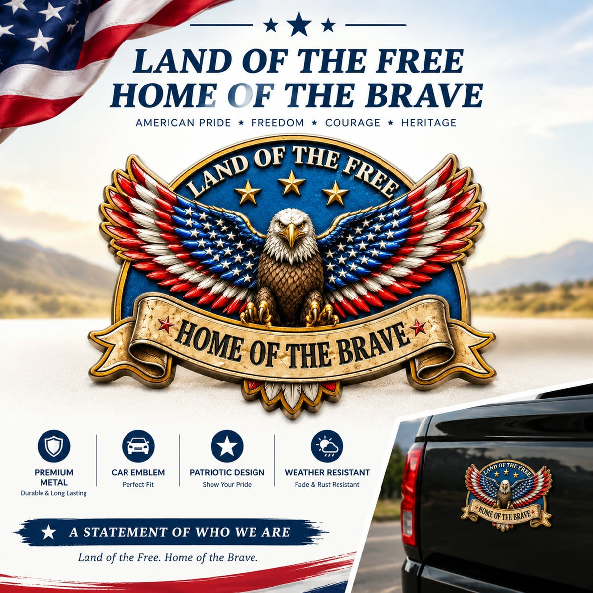"LAND OF THE FREE · HOME OF THE BRAVE" Eagle Metal Car Emblem