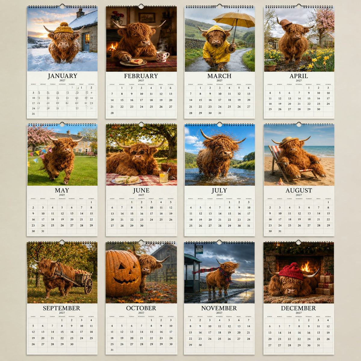 2027 Grumpy Highland Cows Wall Calendar