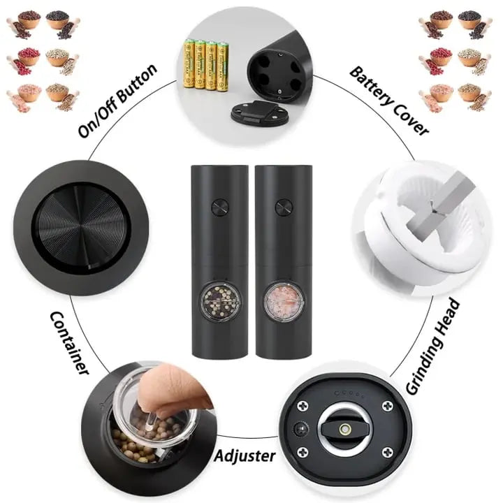 Sikunuo | Electric Salt & Pepper Mill – With LED & Adjustable Grind Size