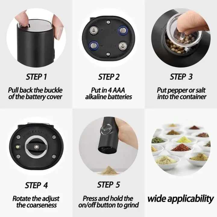 Sikunuo | Electric Salt & Pepper Mill – With LED & Adjustable Grind Size