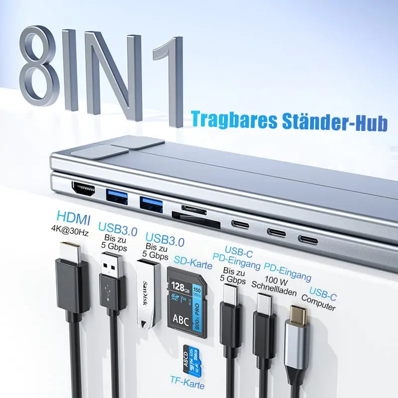 Sikunuo | Foldable laptop stand with 8-in-1 hub – For tech enthusiasts & fast charging fans