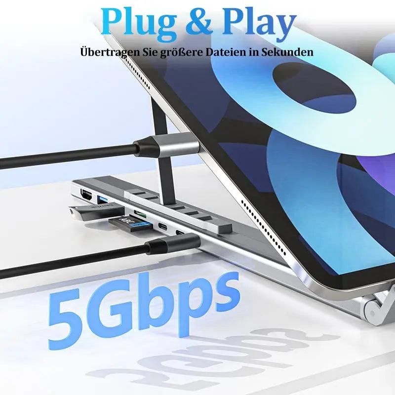 Sikunuo | Foldable laptop stand with 8-in-1 hub – For tech enthusiasts & fast charging fans