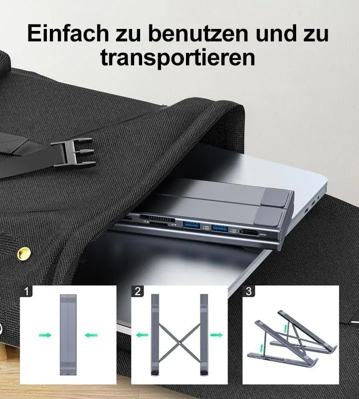 Sikunuo | Foldable laptop stand with 8-in-1 hub – For tech enthusiasts & fast charging fans
