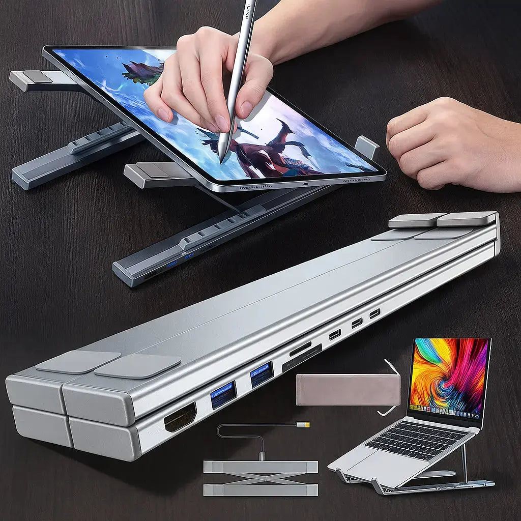 Sikunuo | Foldable laptop stand with 8-in-1 hub – For tech enthusiasts & fast charging fans