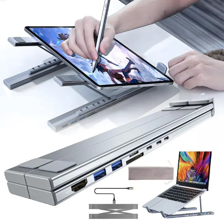 Sikunuo | Foldable laptop stand with 8-in-1 hub – For tech enthusiasts & fast charging fans