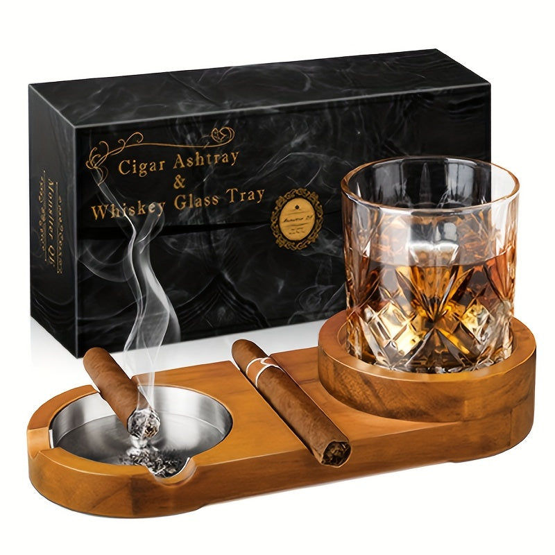 Sikunuo | CigarOak Ashtray with Whiskey Holder – Luxury Wooden Bowl for Cigar Enthusiasts