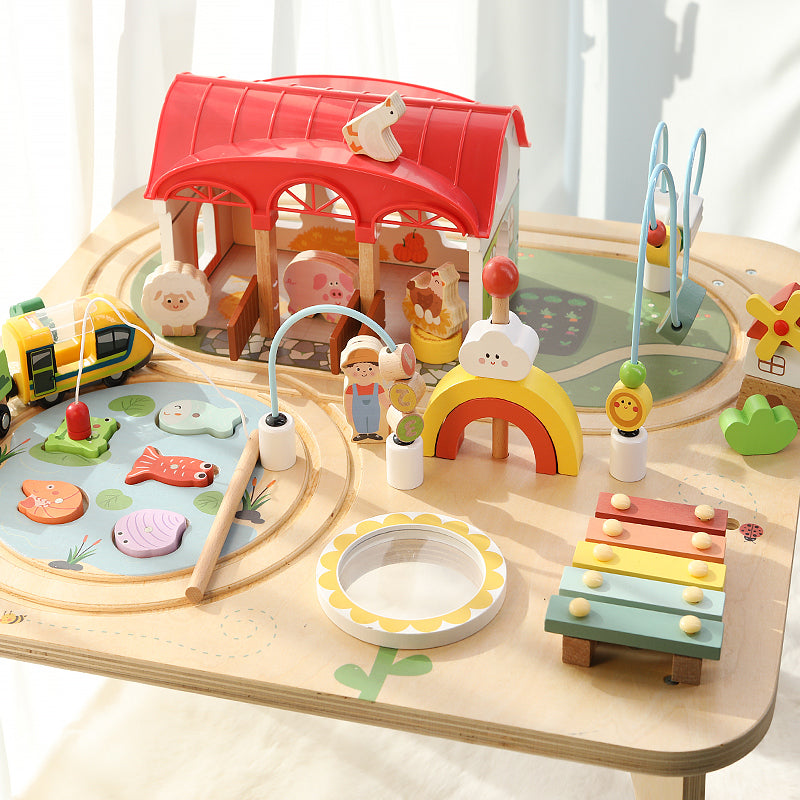 Montessori Wooden Busy Table – Activity Play Table with Fishing, Xylophone & Train Track
