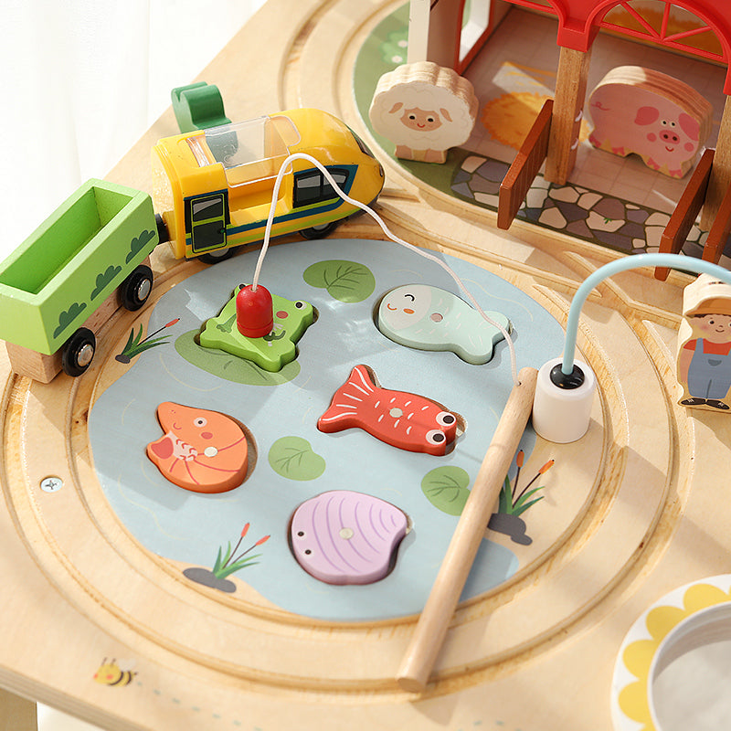 Montessori Wooden Busy Table – Activity Play Table with Fishing, Xylophone & Train Track