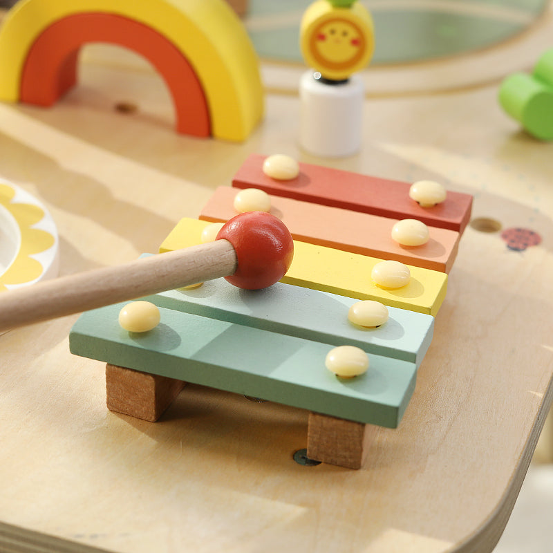 Montessori Wooden Busy Table – Activity Play Table with Fishing, Xylophone & Train Track