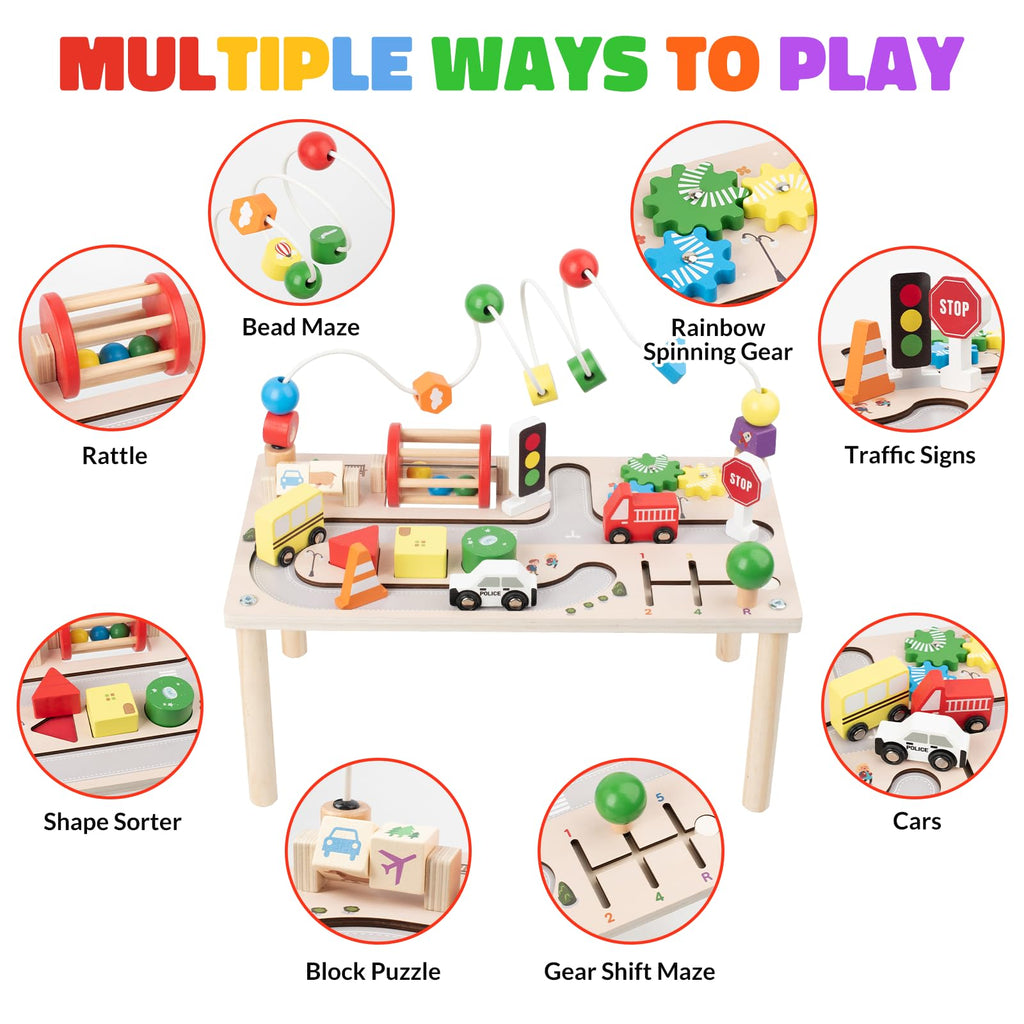Montessori Wooden Busy Table – 7-in-1 Activity Play Table for Kids
