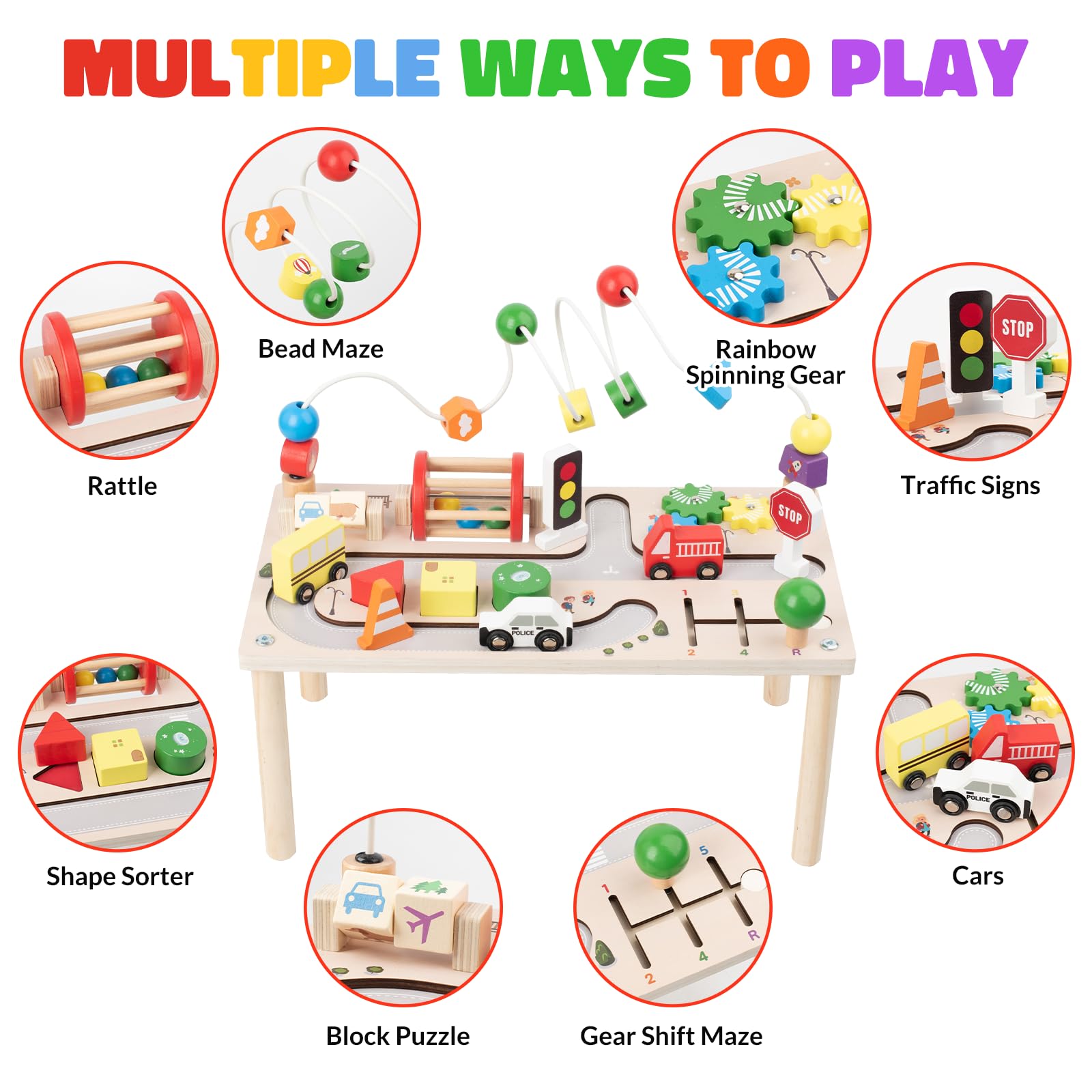 Montessori Wooden Busy Table – 7-in-1 Activity Play Table for Kids