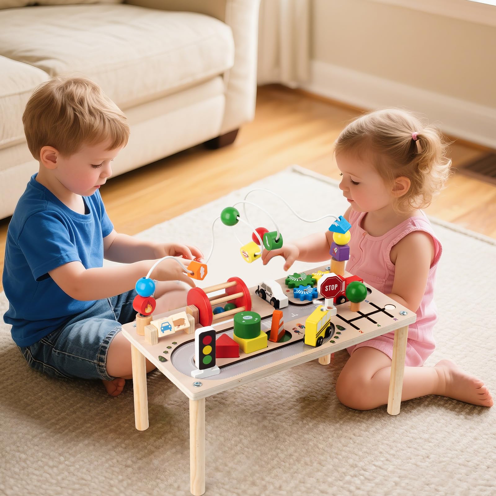 Montessori Wooden Busy Table – 7-in-1 Activity Play Table for Kids