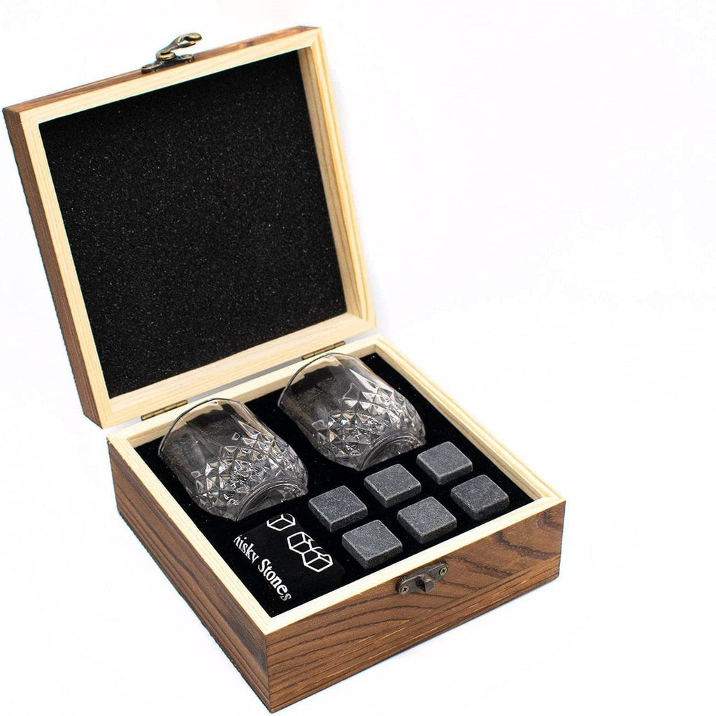Cut crystal whiskey glasses gift set with reusable chilling stones and wooden presentation box Sikunuo