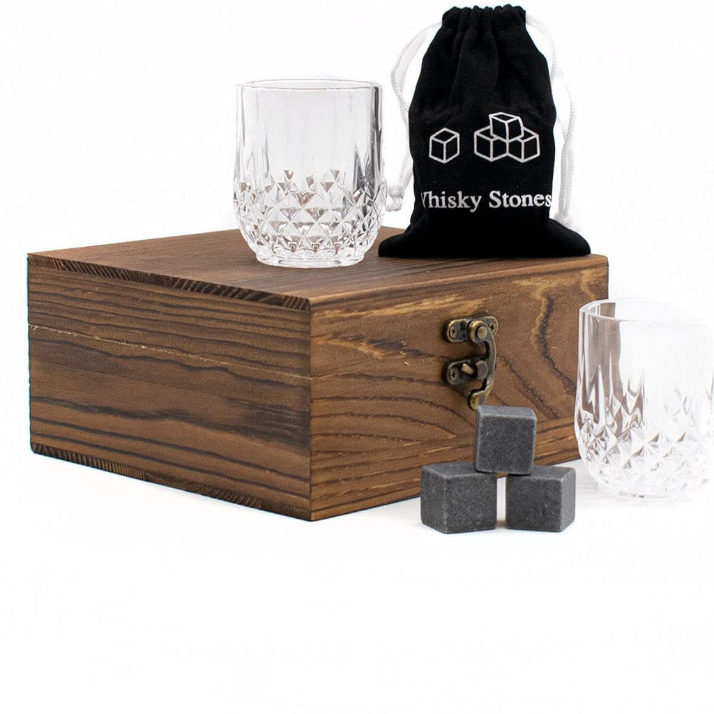 Cut crystal whiskey glasses gift set with reusable chilling stones and wooden presentation box Sikunuo