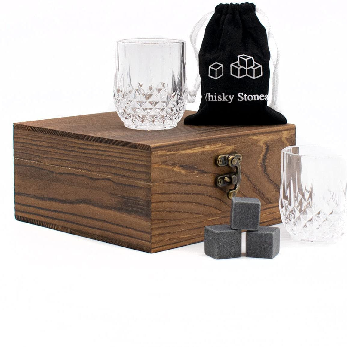 Cut crystal whiskey glasses gift set with reusable chilling stones and wooden presentation box Sikunuo