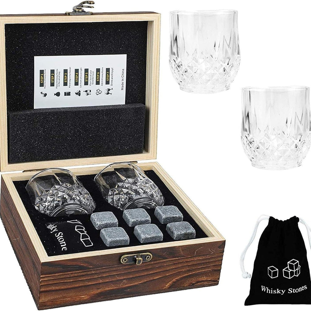 Cut crystal whiskey glasses gift set with reusable chilling stones and wooden presentation box Sikunuo