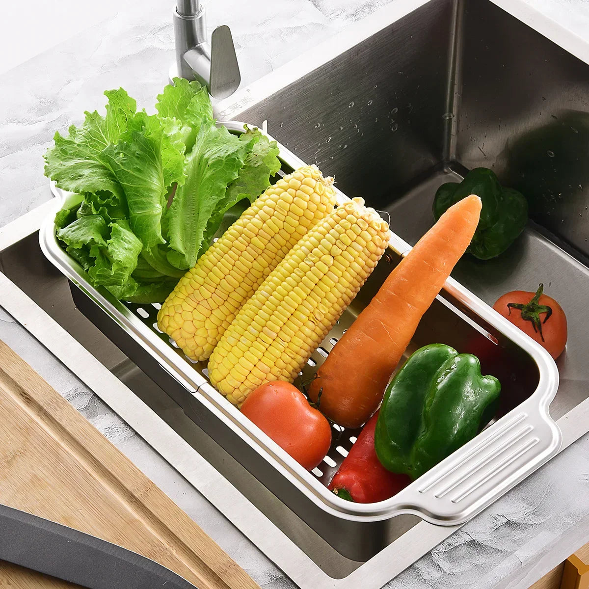 Sikunuo | Retractable Over Sink Stainless Steel Vegetable Drain Basket