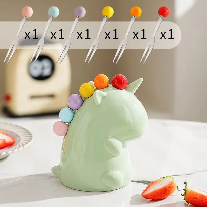 Sikunuo | Ceramic Unicorn Stainless Steel Fruit Fork Set