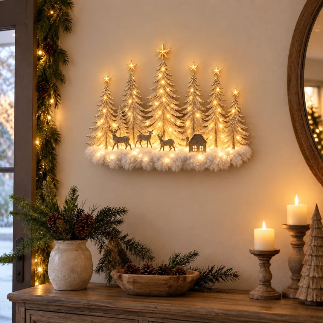 🌲✨ Lighted Woodland Forest Wall Decor – Glowing Winter Cabin Scene
