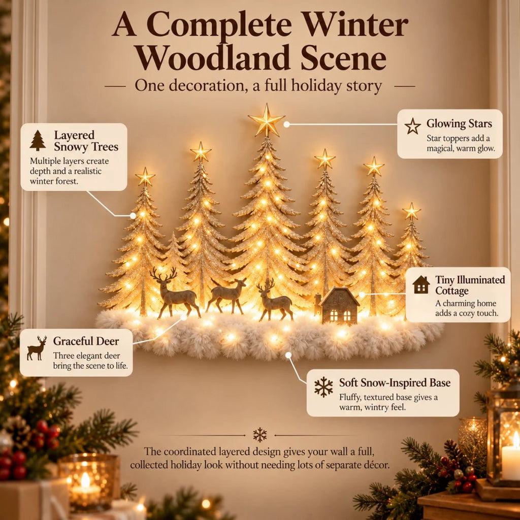 🌲✨ Lighted Woodland Forest Wall Decor – Glowing Winter Cabin Scene
