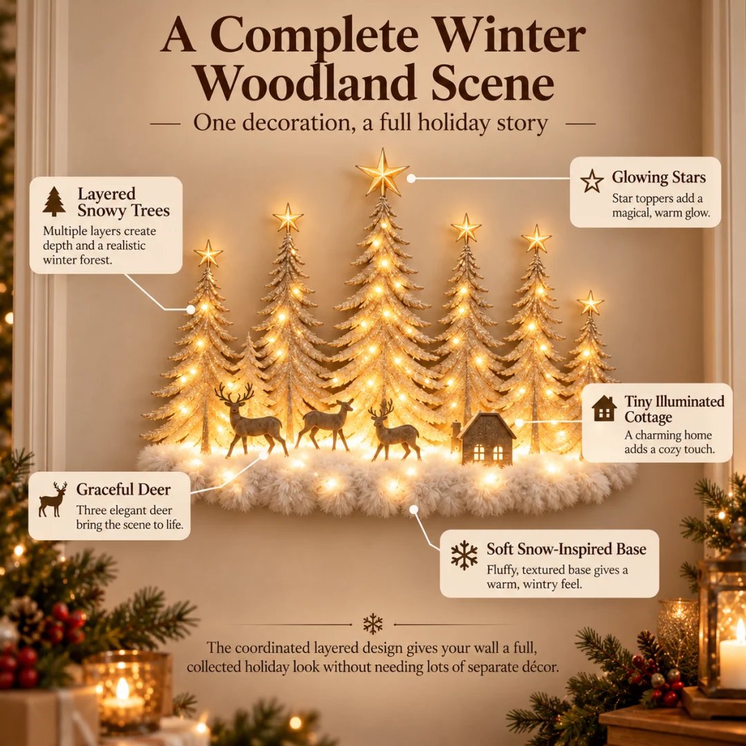 🌲✨ Lighted Woodland Forest Wall Decor – Glowing Winter Cabin Scene