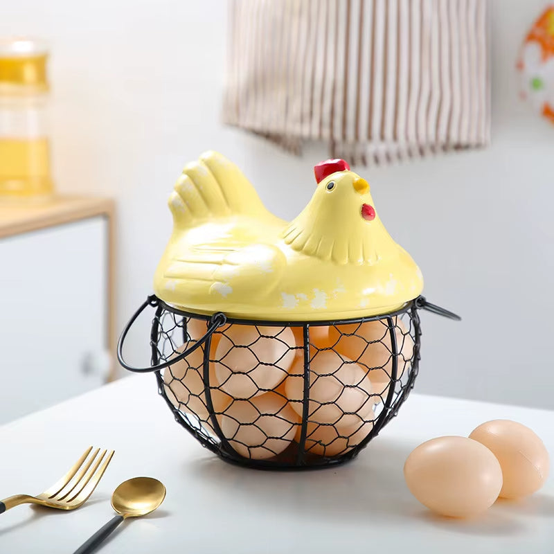 Sikunuo | Ceramic Egg Holder Chicken with Wire Basket