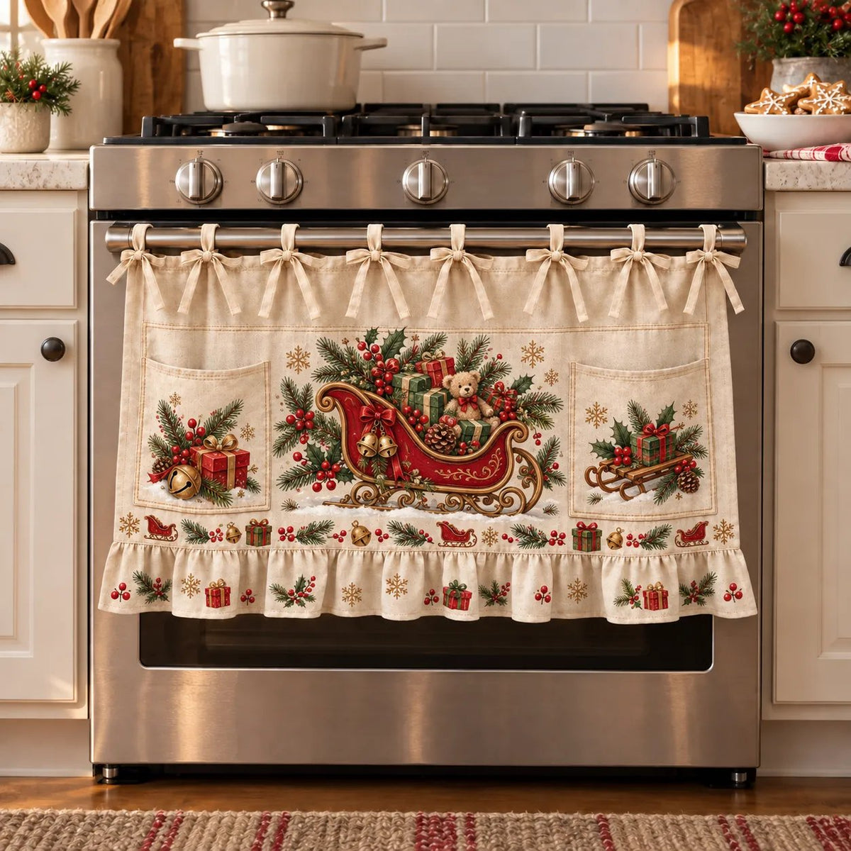 Christmas Kitchen Tie-On Skirt with Pockets & Ruffled Trim