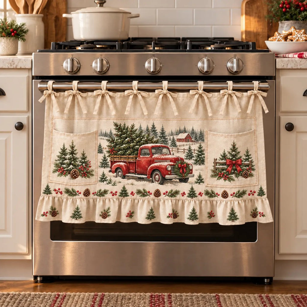 Christmas Kitchen Tie-On Skirt with Pockets & Ruffled Trim
