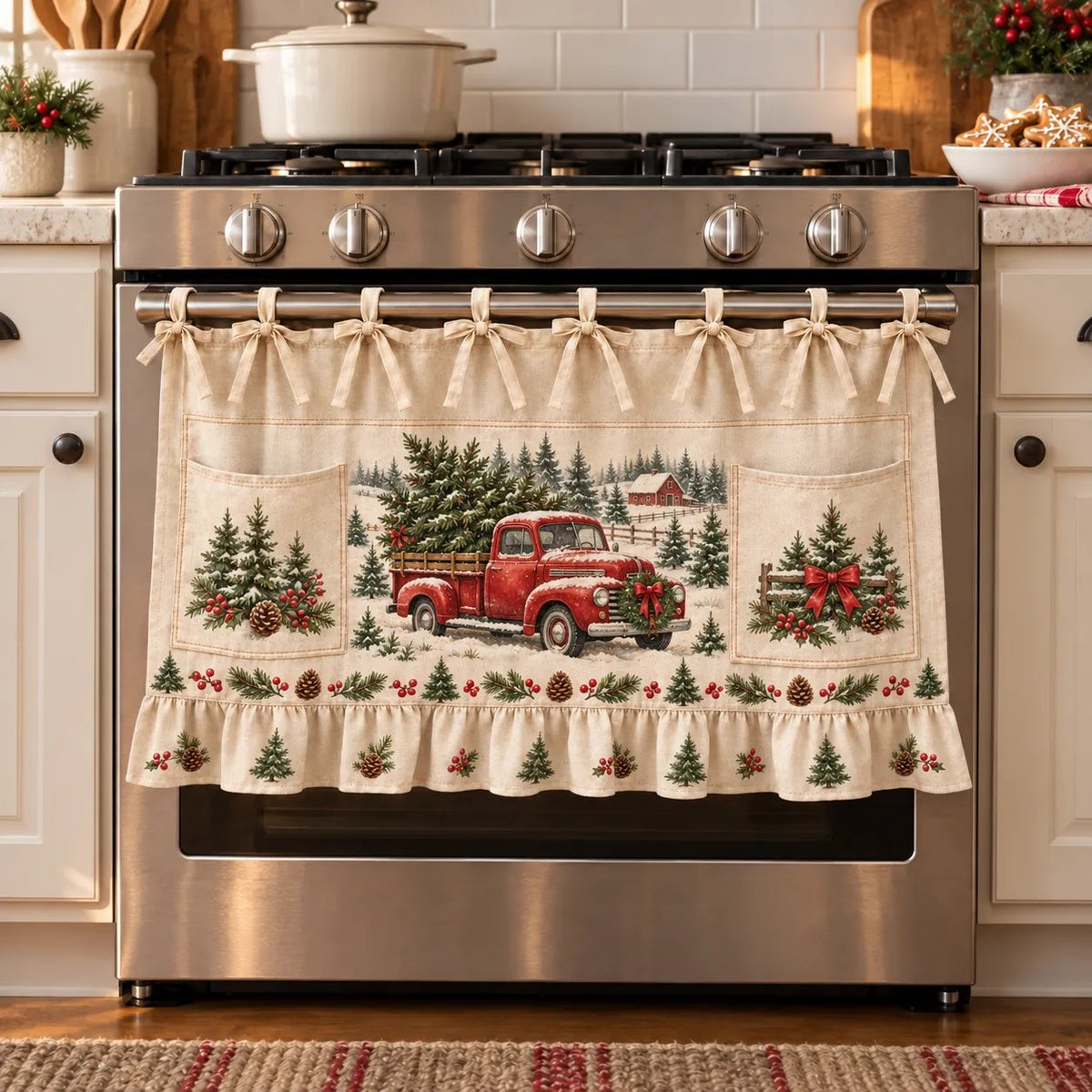 Christmas Kitchen Tie-On Skirt with Pockets & Ruffled Trim