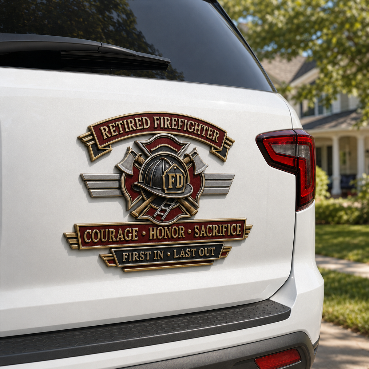 Retired Firefighter Courage Honor Sacrifice Metal Car Emblem