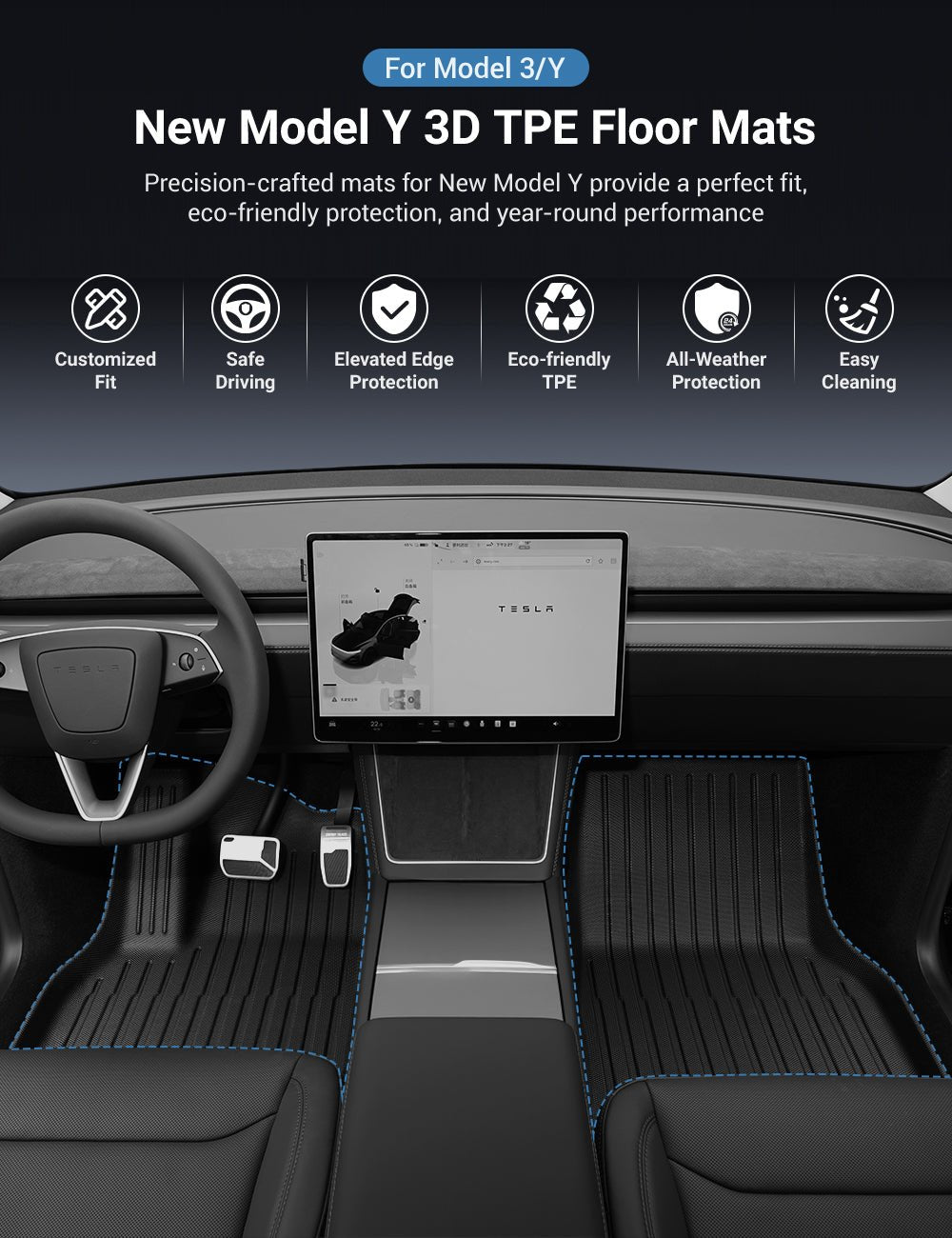 Sikunuo All Weather 3D TPE Floor Mats for Model Y Standard (LHD)