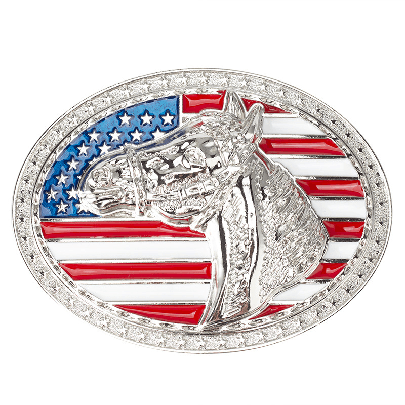 American Flag with Horse Head Western Belt Buckle
