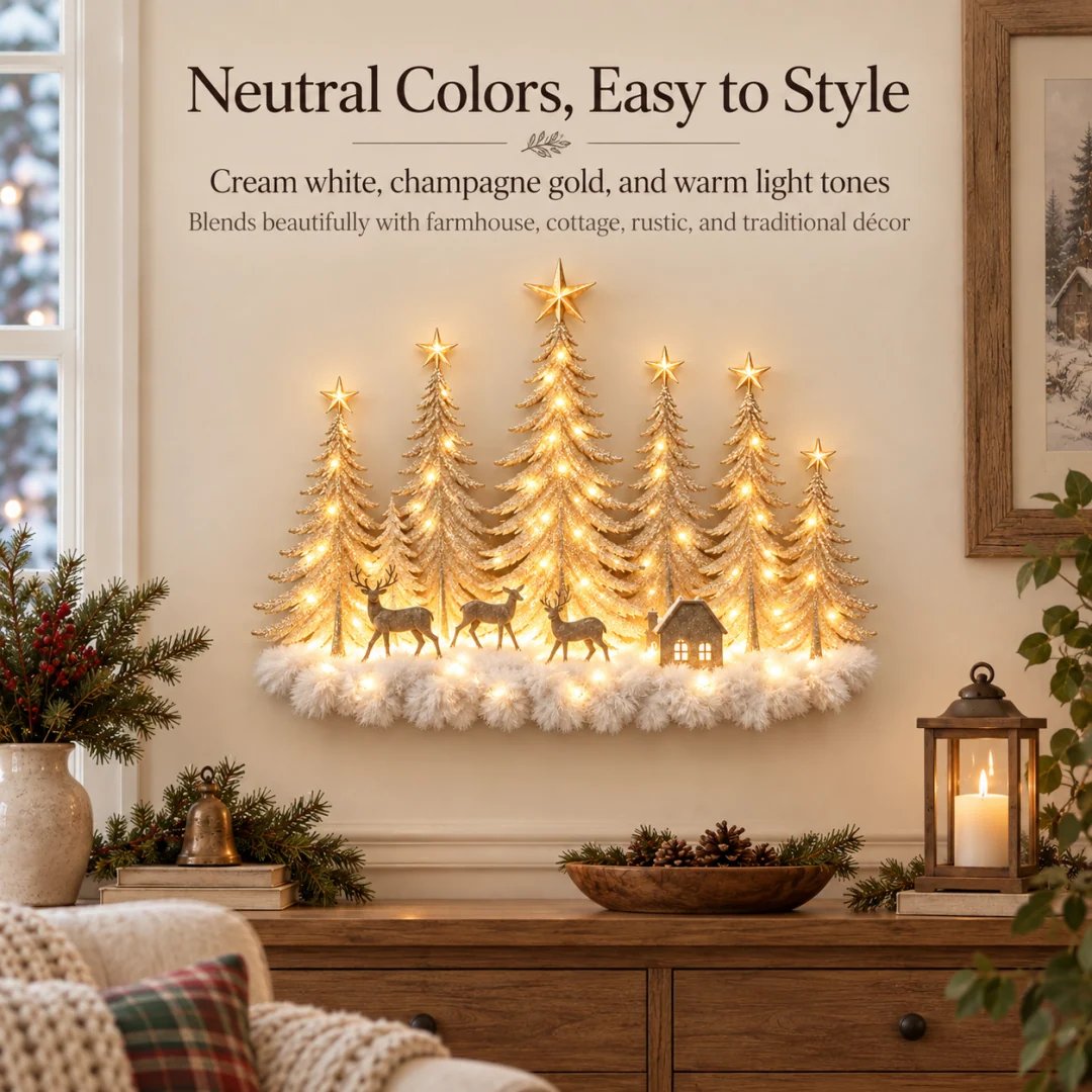 🌲✨ Lighted Woodland Forest Wall Decor – Glowing Winter Cabin Scene