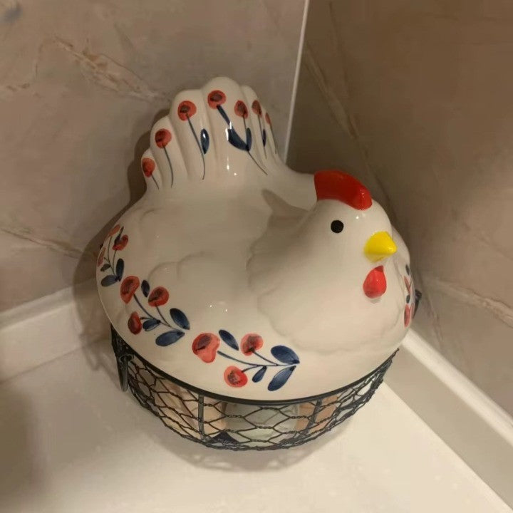 Sikunuo | Ceramic Egg Holder Chicken with Wire Basket