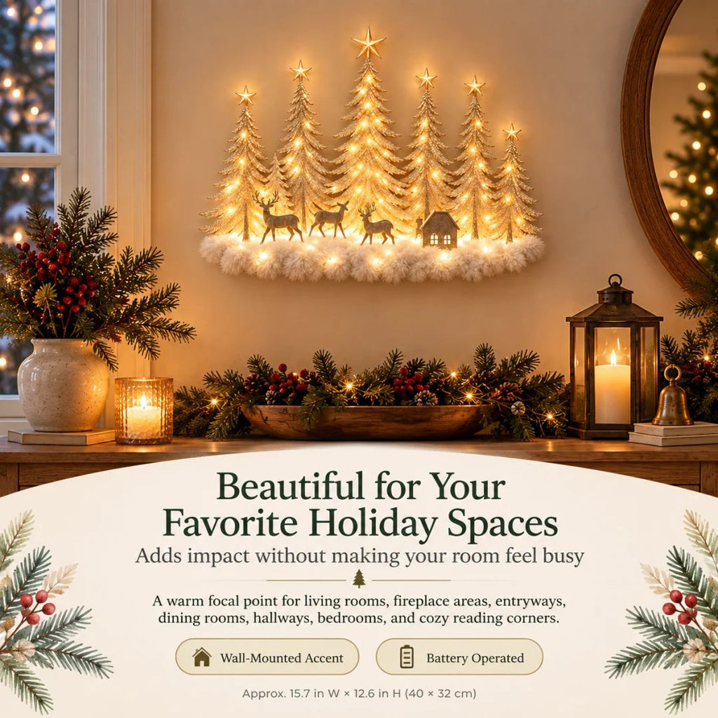 🌲✨ Lighted Woodland Forest Wall Decor – Glowing Winter Cabin Scene